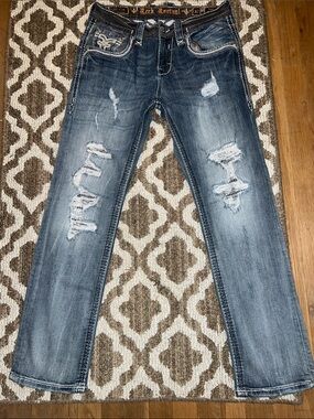 Rock Revival Men's Distressed Straight Leg Jeans - Washed Blue